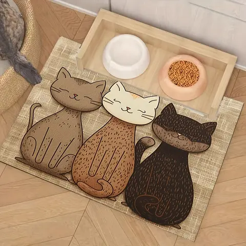 Cute Cat Pattern Pet Feeding Mat, Quick Absorbent Dog Cat Food Pad, Water Bowl Mat with Rubber Back, Protects Floor, Pet Accessories, Tray