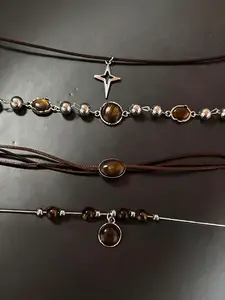 4-Piece Set Fashion Vintage Leather Brown Stone Pendant Necklace Set, Stackable Short Necklace, Elegant Clavicle Chain, Women's Four-Season Versatile Neckpiece, Colorblock, Minimalist Necklaces