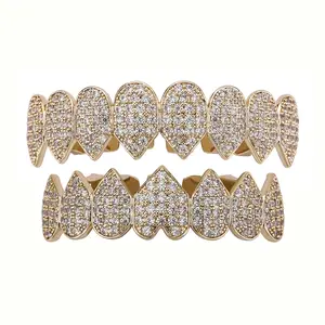 2pcs Hip Hop Cubic Zirconia Teeth Grills Set - Punk Style Tooth Caps for Cosplay & Rappers, Glittering Bottom Braces, Copper with Synthetic St