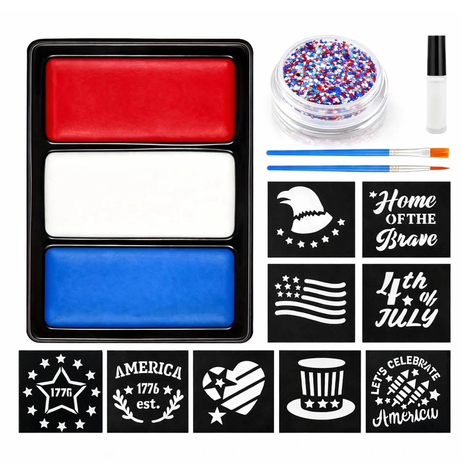 Red White Blue Face Paint Kit for Kids & Adults, Patriotic Face Paint with Glitter, 30 Stencils, Water-Based USA Flag Face Paint for 4th of July, Independence Day, Sports, Parties