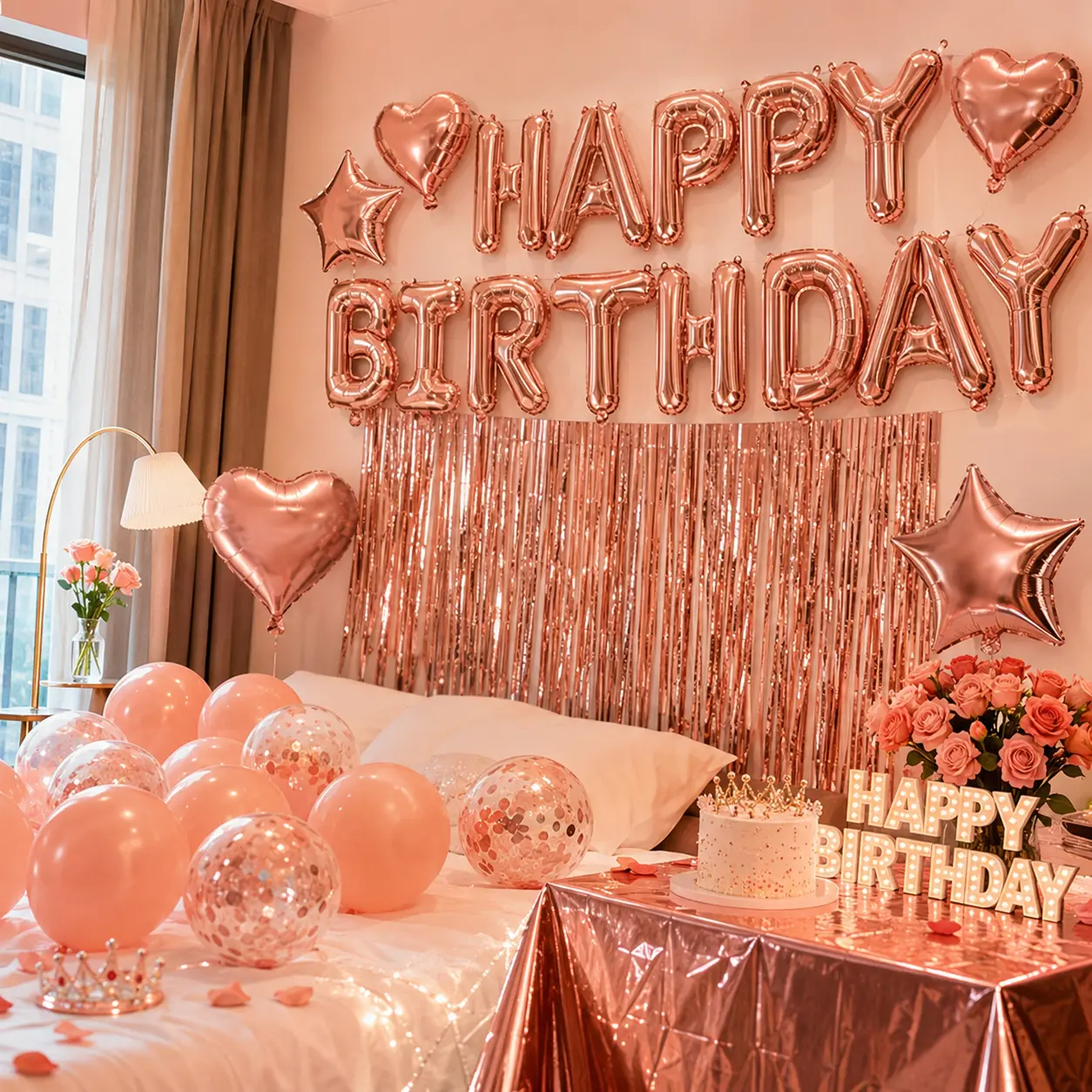 44PCS Rose Gold Birthday Decorations Set with 10g Confetti, Happy Birthday Foil Balloons, Rose Gold Balloons, Confetti Balloons, Heart Star Balloons, Fringe Curtain, Table Cover & Ribbon for Birthday Party Dec