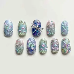 Handmade Fairy Garden Press On Nails | 3D Butterfly, Mushroom Art, Pastel Aura | Short Round Nails, Whimsical Fantasy Vibes