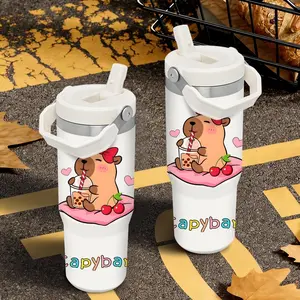Cartoon Cute Capybara Vacuum Flasks 30oz Stainless Steel Flip Straw Tumbler with Handle - Leakproof Twist Lid Vacuum Insulated Travel Mug - BPA Free Reusable Water Bottle for Gym Work and Travel - Fits Car Cup Holders