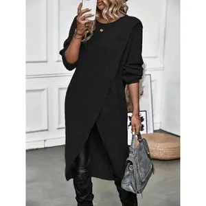 Women's solid high and low neck waist tied sweater dress - off shoulder long sleeved, casual and warm style, suitable for daily wear in autumn and winter