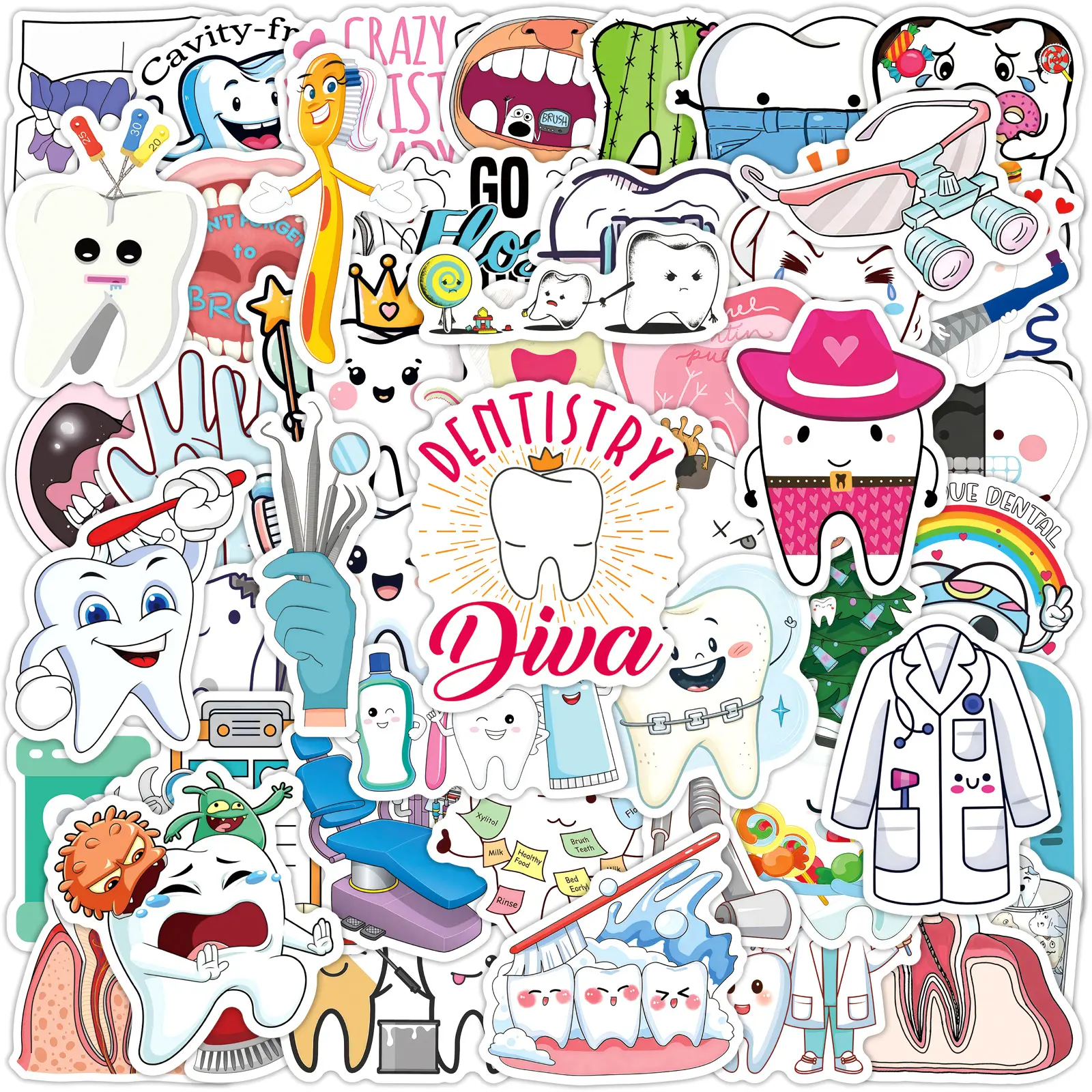 50pcs Dental Cowboy Cartoon Doodle Stickers, Office Supplies and Notebook Accessories, Funny Car Stickers, Adhesive Decals, for Decorating Journals, Scrapbooks, Computers, Water Bottles, Cars, Etc.