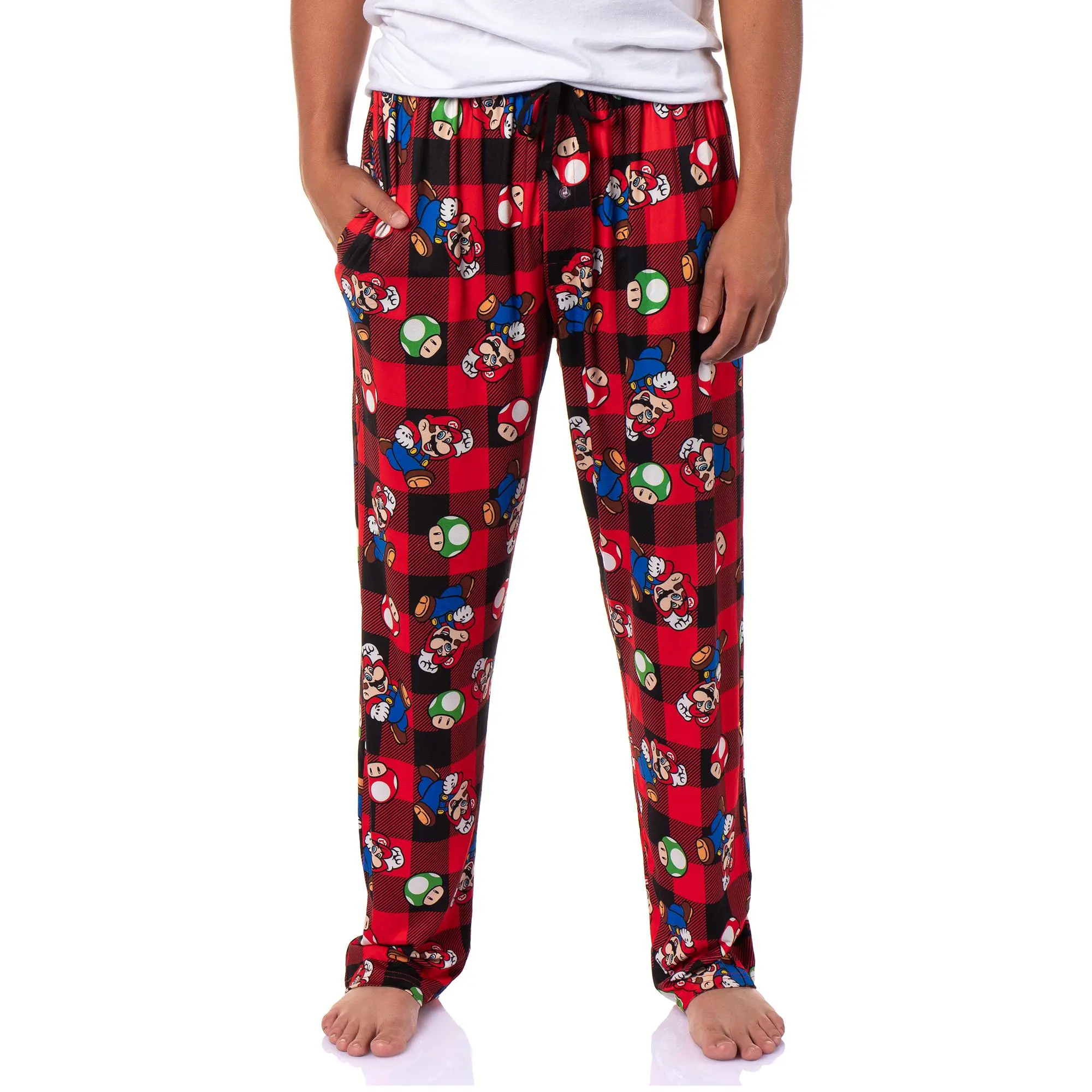 Super Mario Men's Buffalo Plaid Mario Power Up Adult Lounge Sleep Pajama Pants with Drawstring Elastic Waistband, Nightwear, Mushroom, Menswear, Comfy, Print, Casual