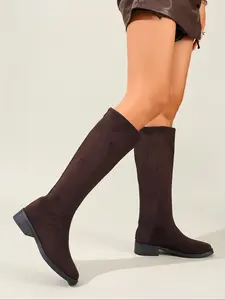 Women's oversized suede boots, sturdy high-heeled zippered women's boots, warm autumn and winter boots, classic knight boots, comfortable and durable versatile style, Heeled Knee Boots