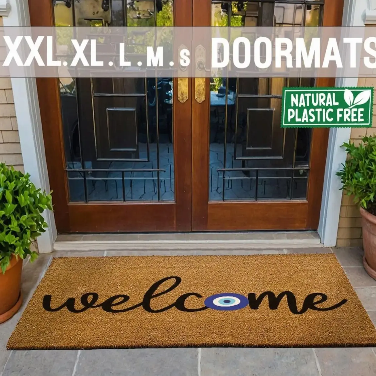 Blue Evil Eye Amulet Extra Large Doormat Natural Eco Friendly Coir Rubber Double Door Mat PLASTIC FREE Boho Decor Funny Welcome 106