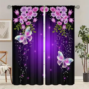 2 sets of purple floral pattern butterfly sheer printed curtains, made of 100% polyester fabric, semi-transparent for privacy protection, suitable for bedrooms, living rooms and children's rooms.