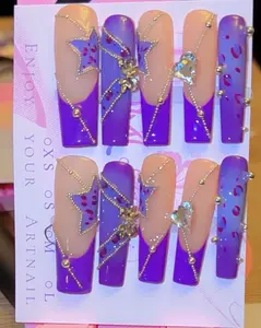 Custom Press On Nails XL Size Medium with Star Design and Gold Beads for Stylish Manicure