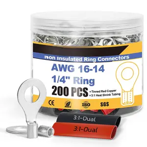 Non Insulated Wire Connectors Kit,100pcs 1/4" Ring Terminals (AWG 16-14) with 100 count 3:1 Heat Shrink Tubing for Automotive Marine,Brazed Seam Wire Crimp terminals