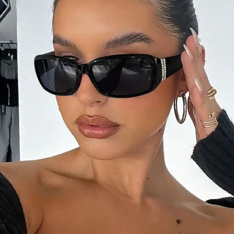 Women's Street Style Rhinestone Decorated Sunglasses, Trendy Casual Sunglasses for Everyday Use, Fashion Accessories for Outdoor Activities, Rectangular Sunglasses, Stylish Glasses, Street Style Shades