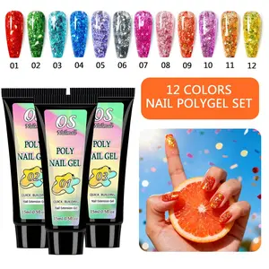 Osnailmall 12 Colors Glitter Nail Polygel Set, Quick LED UV Application Easy-To-Use Nail Extension Gel, Perfect for Beginners DIY Nail Art