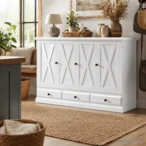 Queen Size Solid Pine Wood Murphy Bed Furniture Set - ARCH Farmhouse Style Chest Cube Cabinet Bed with Charging Station, Large Storage Drawer for Home Office, Small Room, Queen Size Bed, Solid Wood