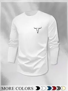 Men's Classic Versatile Round Neck Long Sleeve T-Shirt, Bull Head Print, Casual Daily Wear, Fashion Outdoor Clothing