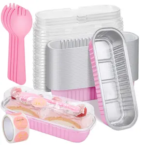 25Pack Pink Mini Cake Pans with Lids Mini Loaf Pans and Spoons and Stickers, 6.8Oz Aluminum Foil Pans Tins, Individual Dessert Cups Containers for Sales,Party,Picnics