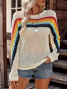 Women's Rainbow Striped Knit Pullover, Spring & Fall Long Sleeve Round Neck Top, Fashionable Daily Wear, Elegant Casual