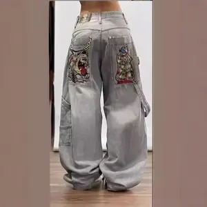 Jeans American High Street Personalized Patterns Loose Straight Wide Leg Jeans Cute Jeans Black Bottoms