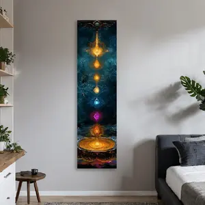 Vertical Chakra Energy Flow Tapestry with Glowing Energy Center, Colorful Spiritual Wall Decor, Mystical Abstract Design, Boho Yoga Space, Wall Hanging Tapestry, Tapestry Room Decor