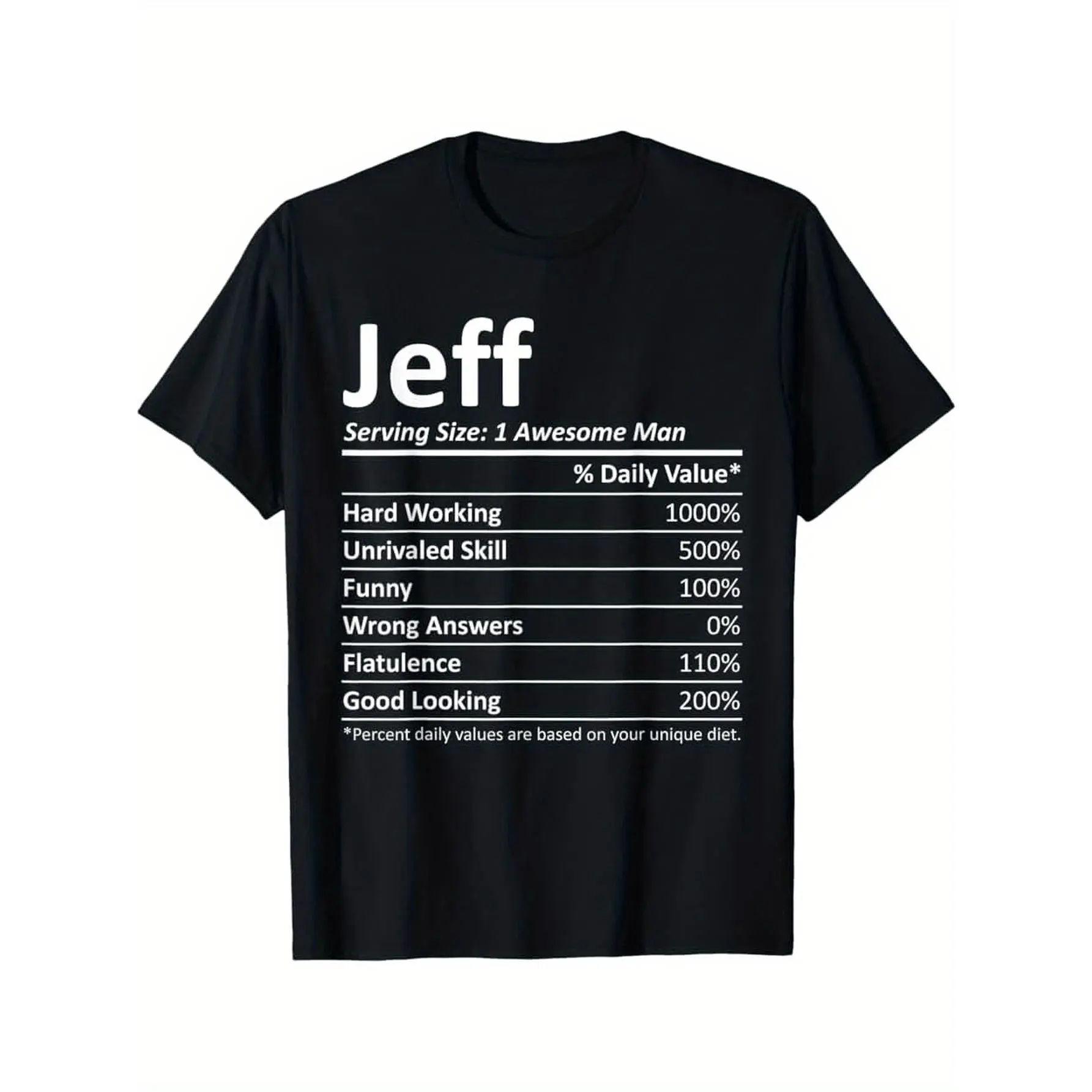 JEFF Nutrition Funny Name Short-Sleeve Round Neck Men's T-Shirt - Nutrition Facts Parody Design, Regular Fit Crewneck Soft Top, Birthday Gift for Jeffs, Casual Black Boyfriend Tee, Shortsleeve
