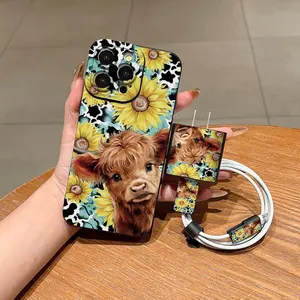 5 Piece Set Cute Cow Sunflower Indian Bull Pattern Phone Case, Charger Head Cover, Cable Protector, Storage Rope, Tpu Anti-Drop Protection