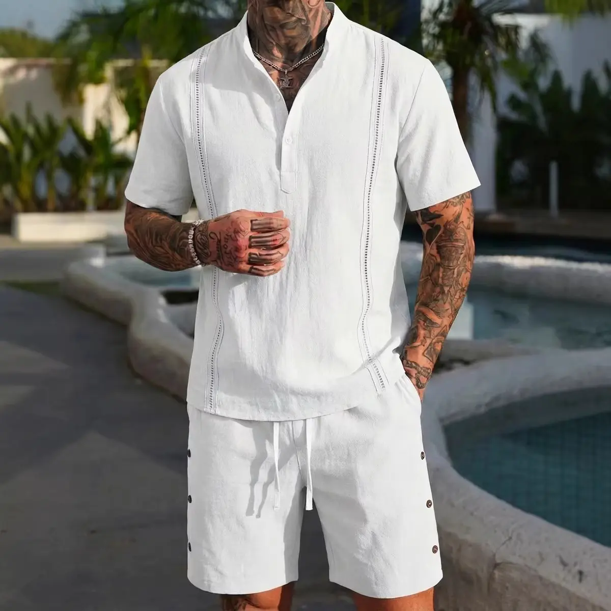 2026 Men Summer Linen 2 Piece Outfit, Half Zip Stand Collar Short Sleeve Shirt & Drawstring Casual Shorts Set