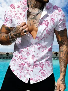 Men's Pink Floral Short Sleeve Shirt, Summer Casual Beach Men's Print Shirt, Breathable Lightweight Top