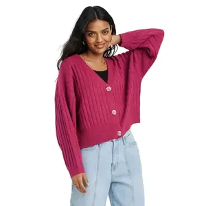 Women's Button-Front Cardigan - A New Day Magenta L, Pink Casual Fabric