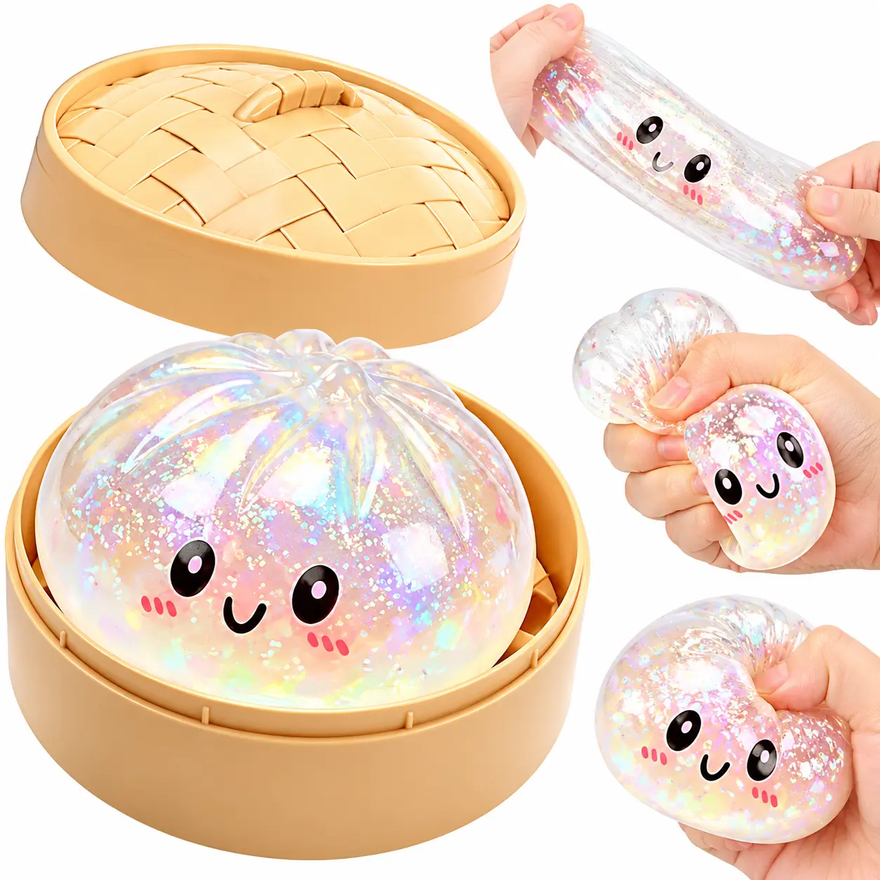 Rainbow Glitter Squishy Dumpling Toy, Cute Kawaii Slow Rising Stress Relief Fidget Toy for Kids & Adults
