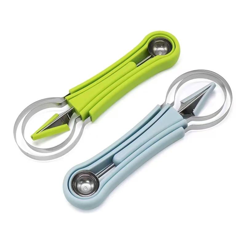 3-in-1 Stainless Steel Vegetable Fruit Cutter Set - Multifunctional Kitchen Utensil with Auto-Spinning Slicer, Melon Baller Scoop, Watermelon Cutter, Seed Remover for Fruit Salad, Party Prep,home essentials