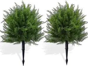 Artificial Cedar Topiary Ball Trees, 2 Set of 26 inch UV Resistant Fake Evergreen Shrubs Bushes Plants with Ground Spike Fake Plants for Outdoor Indoor Front Porch Garden romantic gift