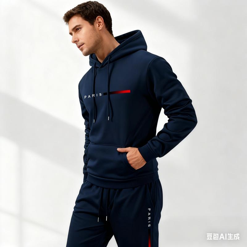 Men's Paris Letter Printed Hoodie & Drawstring Sweatpants Set Casual Athletic 100% Polyester Loose-Fitting Tracksuit for Fall Winter Spring Autumn