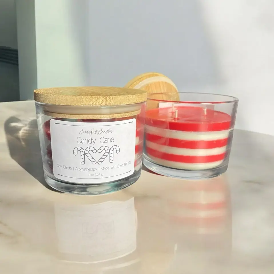 Candy Cane Soy Wax Candle, Christmas Decor, Peppermint Scented Candle, Holiday Candles