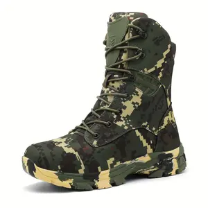 Men's high top camouflage hiking boots, outdoor climbing work boots with zipper closure, nylon fabric, rubber sole, non-slip EVA insole, striped pattern, all year outdoor shoe style