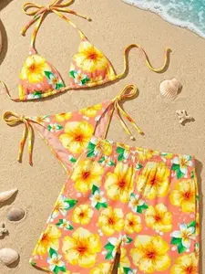 Matching Couple Swimwear Yellow Hibiscus, Coral Tropical Bathing Suits, His and Hers Summer Outfits, Floral Bikini and Swim Trunks Set