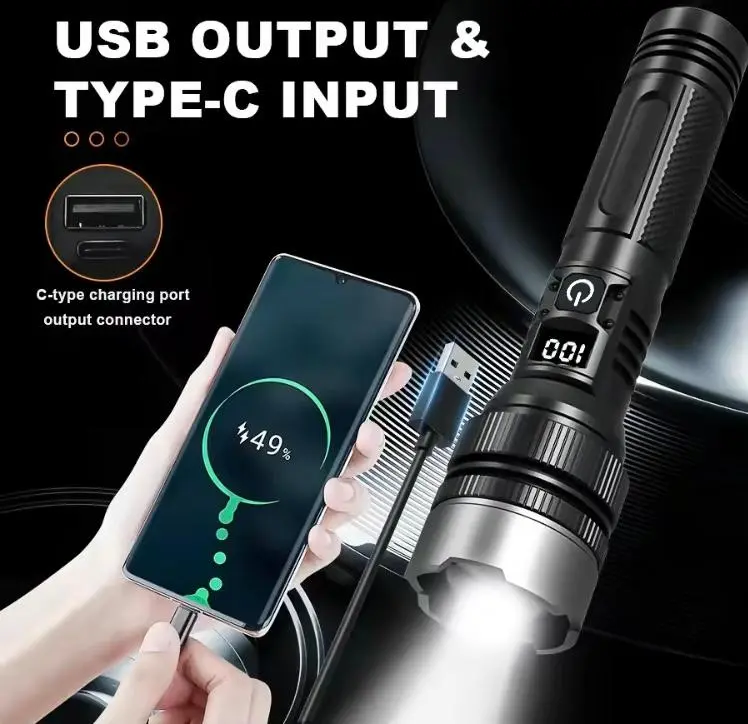 Portable EDC LED Flashlight Rechargeable, Zoomable High Bright Torch with Digital Power Indicator, Magnetic Charge & Phone Power Output, Outdoor Camping Emergency Hand Light