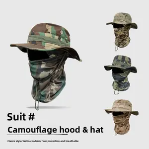 Camouflage Round Edge Hat Headgear Set Outdoor Mountaineering bucket hat Drawstring Windproof Benny Hat Travel Mountaineering Fishing Hat unisex face mask Sun
