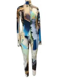 Women's Canarsie Print Full Body Catsuit, Long Sleeve High Neck Zip One-Piece, Allover Graphic Subway Map and City Print, Bodycon Fit Jumpsuit for Night Out, Performance, Streetwear Fashion by Black Smoke