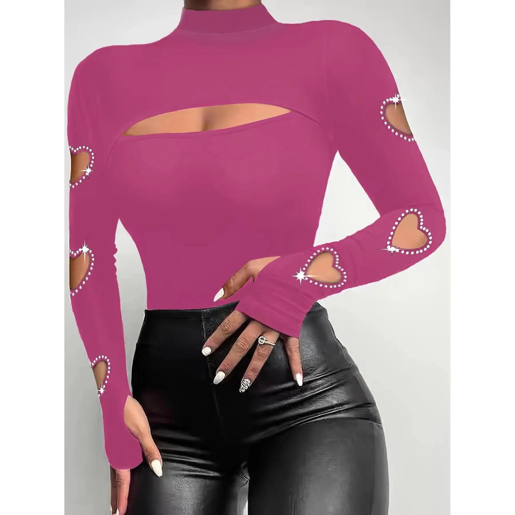 Chunky Cable Knit Sweater, Rhinestone Decor Heart Shaped Cut Out High Neck Tee, Elegant Style Long Sleeve T-Shirt for Spring & Fall, Day & Evening, Clothing Casual Daily Wear, Cute Tops, Womenswear, Knitted Chic, Chilly