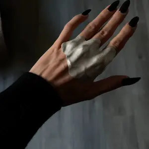 Matte Silver Irregular Wrinkle Wide Knuckle Ring - Abstract Art Oversized Hip Hop Statement Jewelry, Joint Protector Fashion Finger Accessory For Women Men