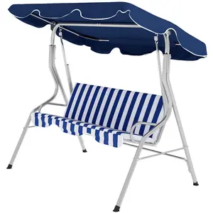 3-Person Dark Blue & White Striped Outdoor Porch Swing Chair with Canopy, Adjustable Shade, Cushion and Steel Frame (Patio Swing Bench)