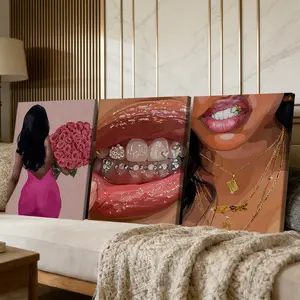 3 Counts Wooden Framed Canvas Painting, Stylish Woman With Roses And Glitter Lips Images, Exquisite Poster, Perfect Living Room Decoration, Modern Art, Fashion Family Poster, Wall Art Decoration, Waterproof Art