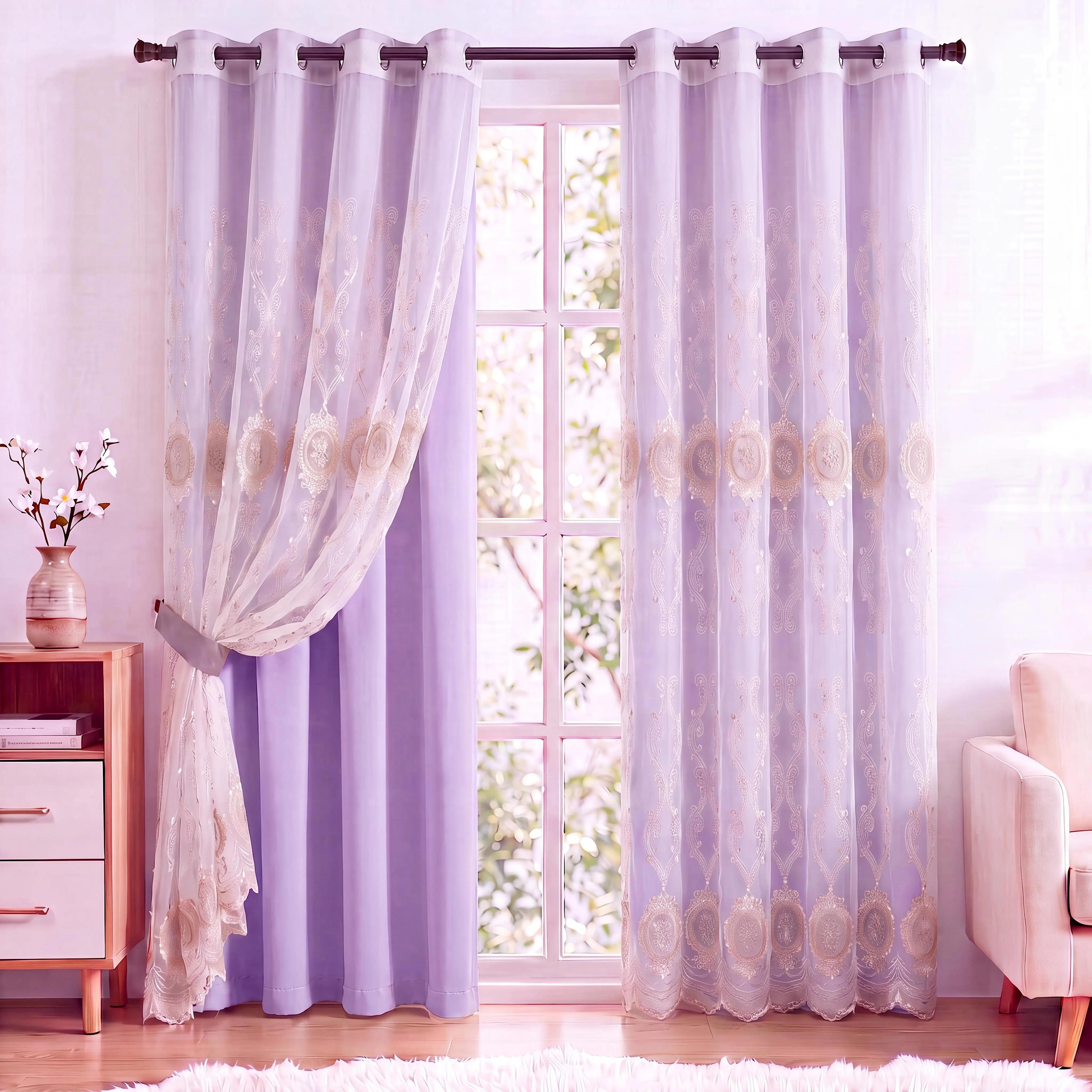 4 Panels Combination Grommets Curtains Including : 2 Panels 52x84 inch Solid Blackout Curtains & 2 Panels 52x90 inch Luxuary Embroidery Curtains QF222 QF78 noise reduction