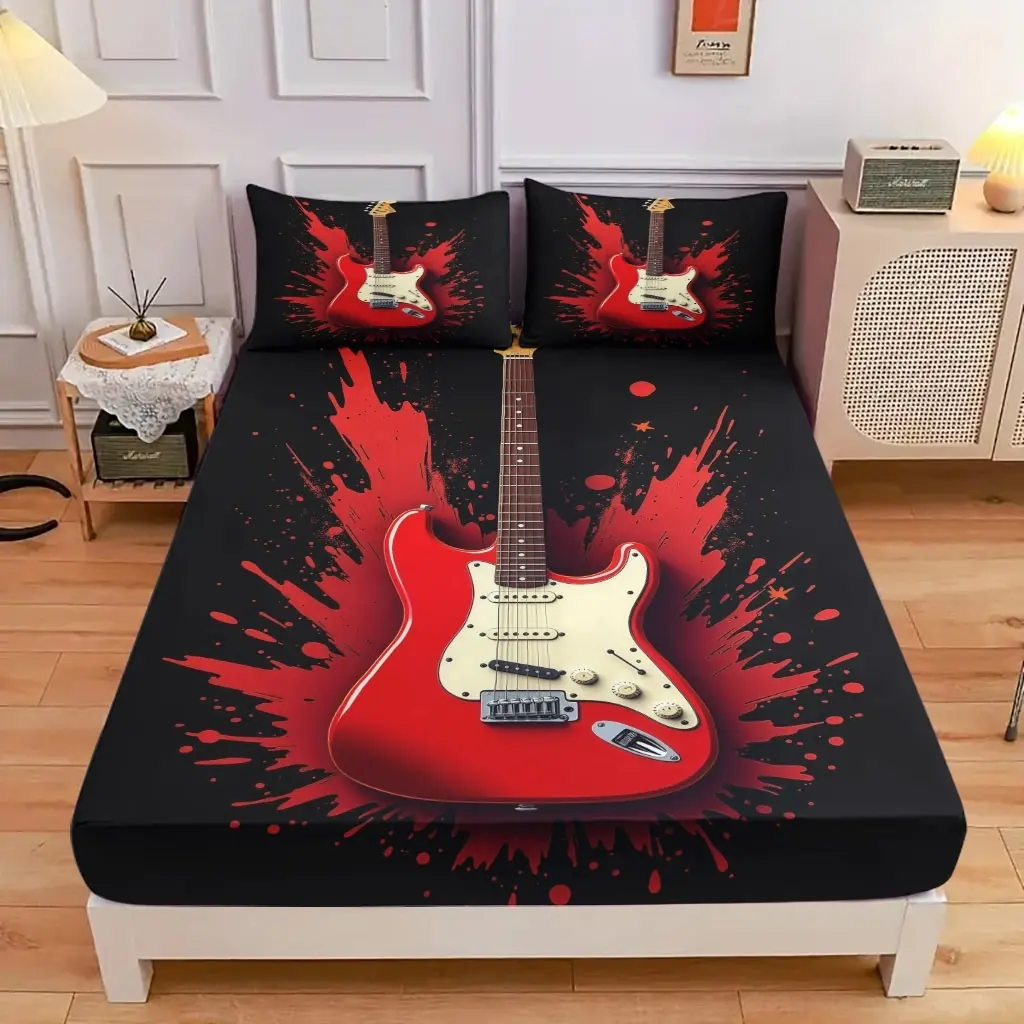 3-Piece Comfortable Electric Guitar Art Design Bed Cover Set, High-Definition Digital Printing, Soft And Breathable, 100% Polyester Fiber Perfect Gift, Suitable For All Seasons, Perfect For Family And Friends Clearance Sale