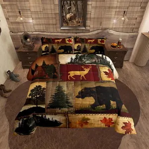 Rustic Farmhouse Bedding Comforter Set Retro Cabin Lodge Design with Hunting Bear & Deer Motif Country Maple Leaves Duvet Insert Twin Full Queen King Sizes