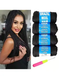 2/4/8 Roll Natural Black Brazilian Wool Hair for African Crochet Braids Senegalese Twist Soft Faux locs Jumbo Braids Goddess Locs Synthetic Hair Extensions for Women 70G/Roll(1B#,With Free Gift)