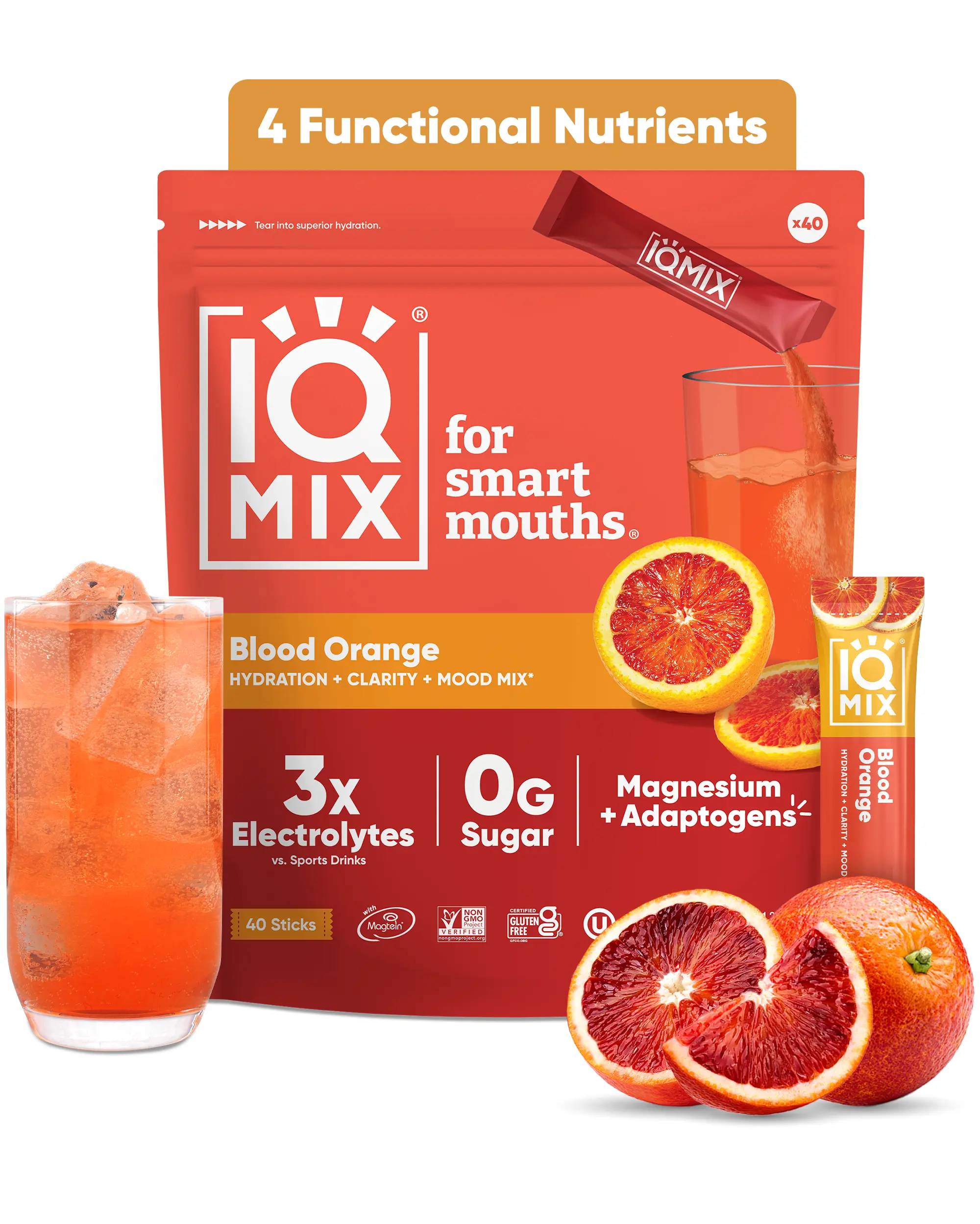 IQMIX Vegan Blood Orange Electrolyte Powder Drink Mix (40 Sticks) - Hydrating, Delicious Zesty Flavor - Perfect Mixed Beverage