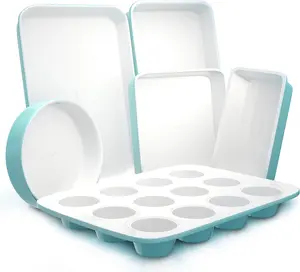 NutriChef 6-Piece Baking Pan Set, Carbon Steel Bakeware with Premium Ceramic Nonstick Coating, Includes 12-Cup Muffin Pan, Cake & Loaf Pan, Wide Bake Pan, & Cookie Sheet - Turquoise