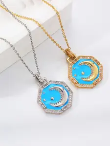 Blue Enamel Crescent Moon Star Octagon Pendant Necklace, & Silver Color Crystal Jewelry, Engagement Gift for Women