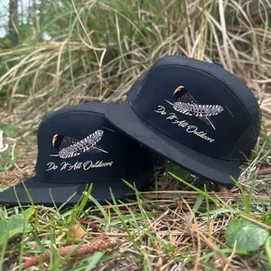 Turkey Feather Embroidered Old School Trucker Hats – 7 Panel Style in Bottomland Camo, Black, White, Brown – Unisex Fitted Cap